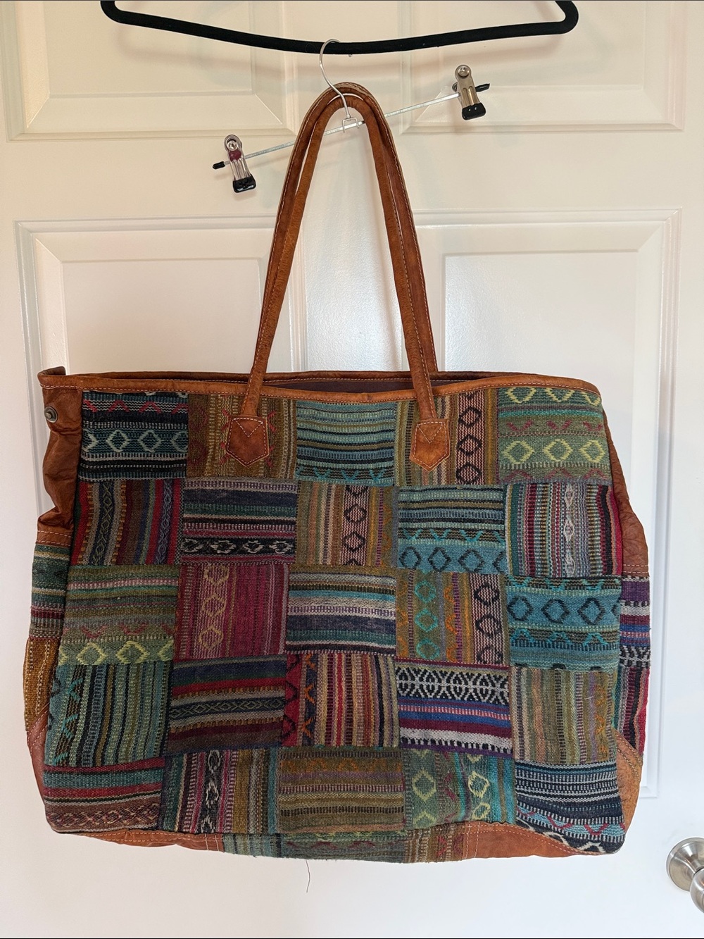 Patchwork Multicolor Woven Tote with Brown Leather Trim